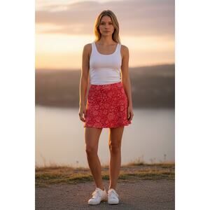 RipSkirt Dahlia Tea Berry Wrap Skirt Small Red Pink Floral Travel Skirt NWT